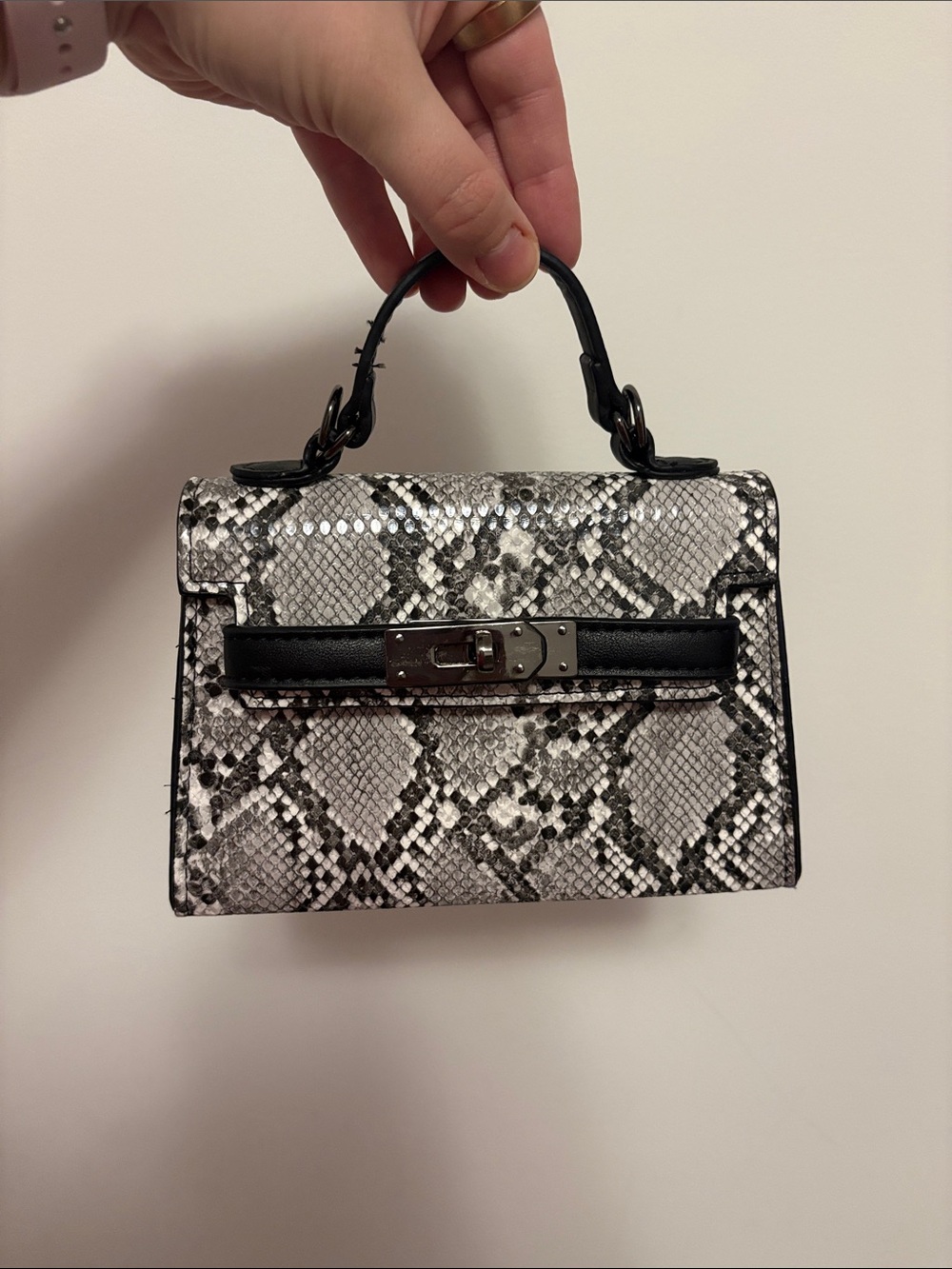 Structured Mini Top-Handle Bag in Black and White Snake Print